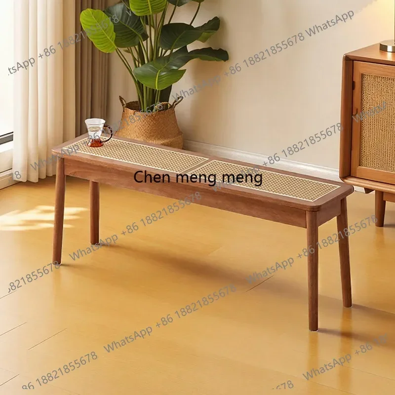 M138Medium rattan woven solid wood bench bedroom bedside stool Simple retro Japanese dining stool
