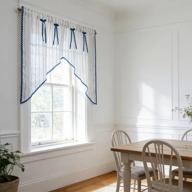 1PC Vertical Striped Faux Linen Curtain with Blue Wavy Trim & Exquisite Bow Ribbon Valance, Farmhouse Style, for Half‑Window