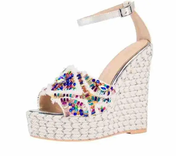 

Carpaton Fashion Wedge Shoes Summer Rope Braided Platform Ankle Strap Sandals Colorful Rhinestones Women Dress Shoes