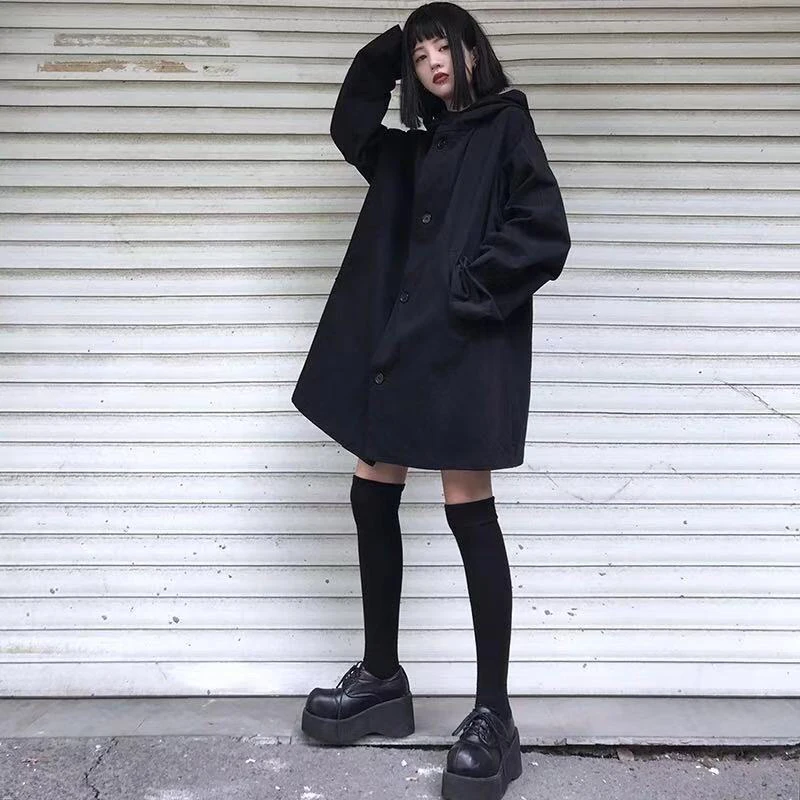 MEXZT Harajuku Black Jacket Women Dark Academic Long Sleeve Loose Hooded Midi Outwear Bf Streetwear Oversized Casual Capes Coats