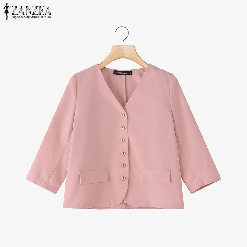 Women's Elegant Lightweight Blazer Casual V-Neck 3/4 Sleeve Button Up Suit Jackets Office Wear Coats ZANZEA Woman Clothes
