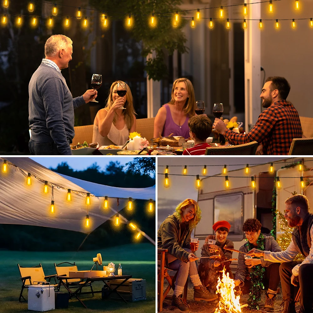 65FT Outdoor-Girlanden-Lichterkette, 48 LEDs + 2 bruchsichere ST38-Edison-Glühbirnen, wasserdicht, für Terrasse, Veranda, Garten, Hochzeit, Dekor, Lampen, 2200 K – Detail 16
