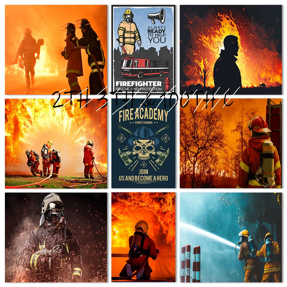 Firefighters Fire Extinguishing Poster Canvas Printing Fireman Work Kids Room Wall Art Decor Professional Firefighter Decoration