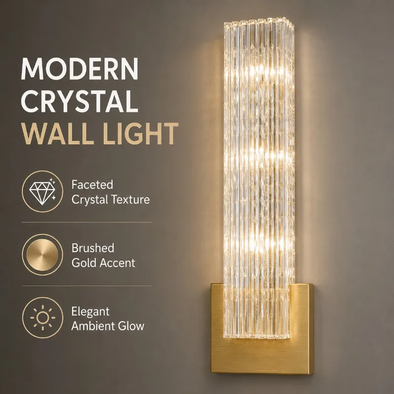 Modern Crystal Wall Lamp Full Copper LED Sconce Warm Light for Bedroom Bedside Living Room Hallway Luxury Interior Decor
