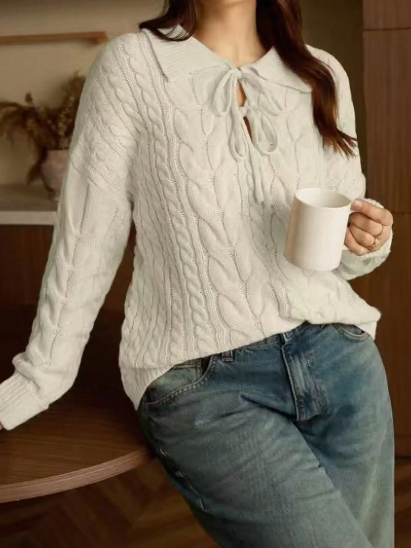 Plus Size Women Twist Knit Sweater, LooseV-Neck Bow Tie Long Sleeve Drop Shoulder Pullover, Casual Style, Apricot, Autumn Winter