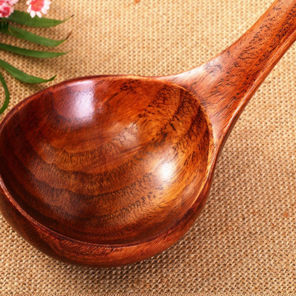 

1pc Large Wooden Ladle Spoon For Soup Porridge Serving Heat Resistant Kitchen Utensil With Hangable Hole Eco Friendly