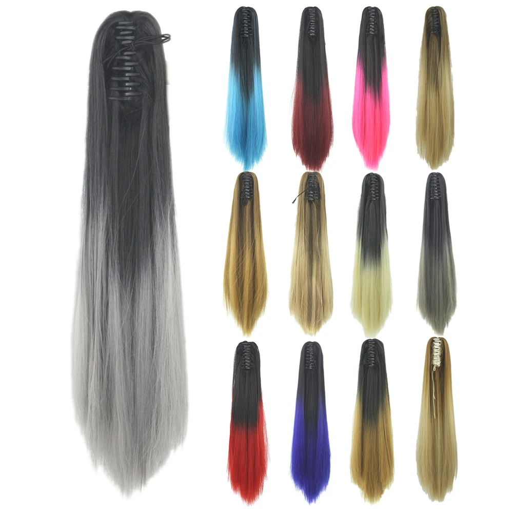 

Soowee Long Straight Black to Grey Hairpiece Clip In Hair Extension Synthetic Hair Claw Ponytails Purple Pony Tail for Women