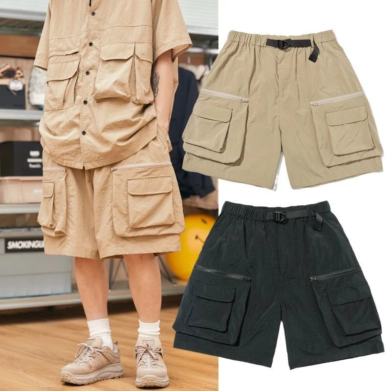 

Multpocket Shorts Summer Japanese Functional Workwear Unisex Trendy Color Wide Leg Loose Straight Sport Five-Quarter Pants
