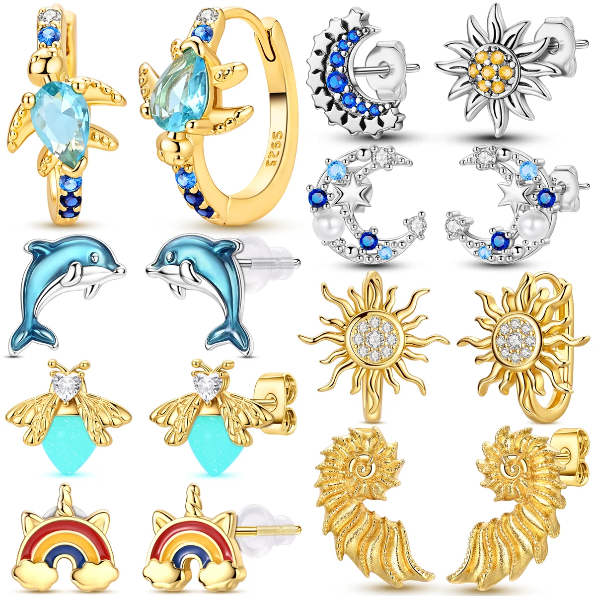 Colorful Summer Style Earrings Women 925 Sterling Silver CZ Zircon Golden Ear Studs Sparkling Earring Wedding Anniversary Gift