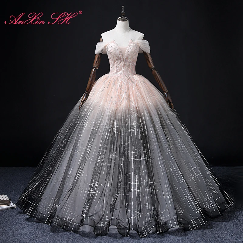 AnXin SH vintage princess pink and black boat neck sparkly beading crystal ball gown stage lace up customized evening dress