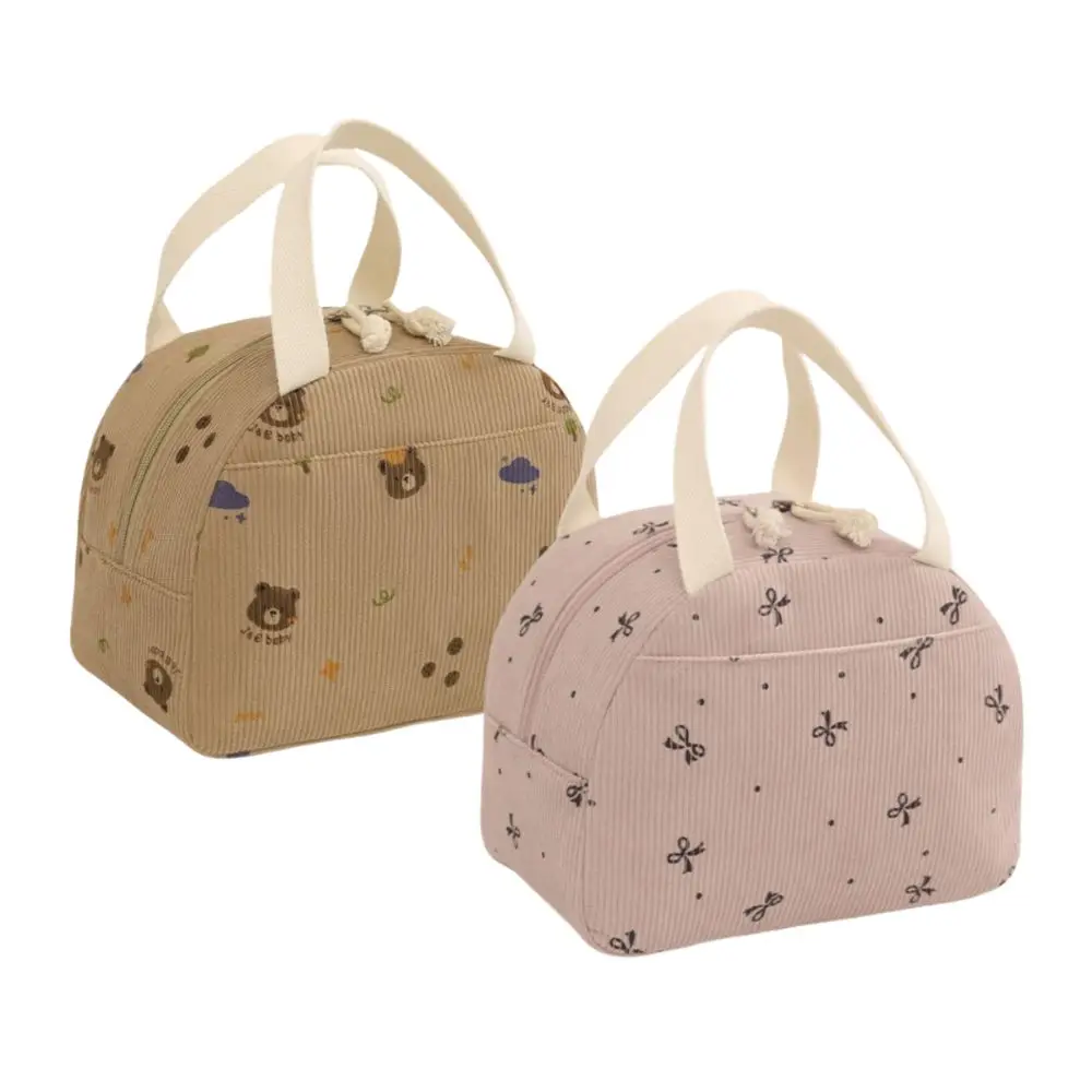 

New Corduroy Lunch Bag Multi-functional Thermal Insulated Picnic Food Pouch Cute Bear Bow Cooler Bag for Outdoor Travel
