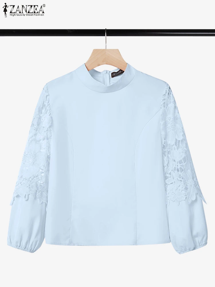 

ZANZEA Casual Sheer Long Sleeve Blouses Lace Patchwork 2025 Summer Solid Color Women Tops Elegant Stand Collar Blusas Mujer