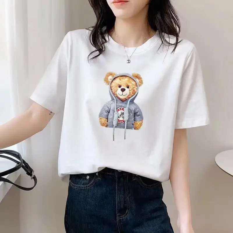 T-shirt Female 2021 Spring, Summer and Autumn Brushed Short-sleeved Print Bear Korean Version  Top Woman Tshirts  Graphic Tee