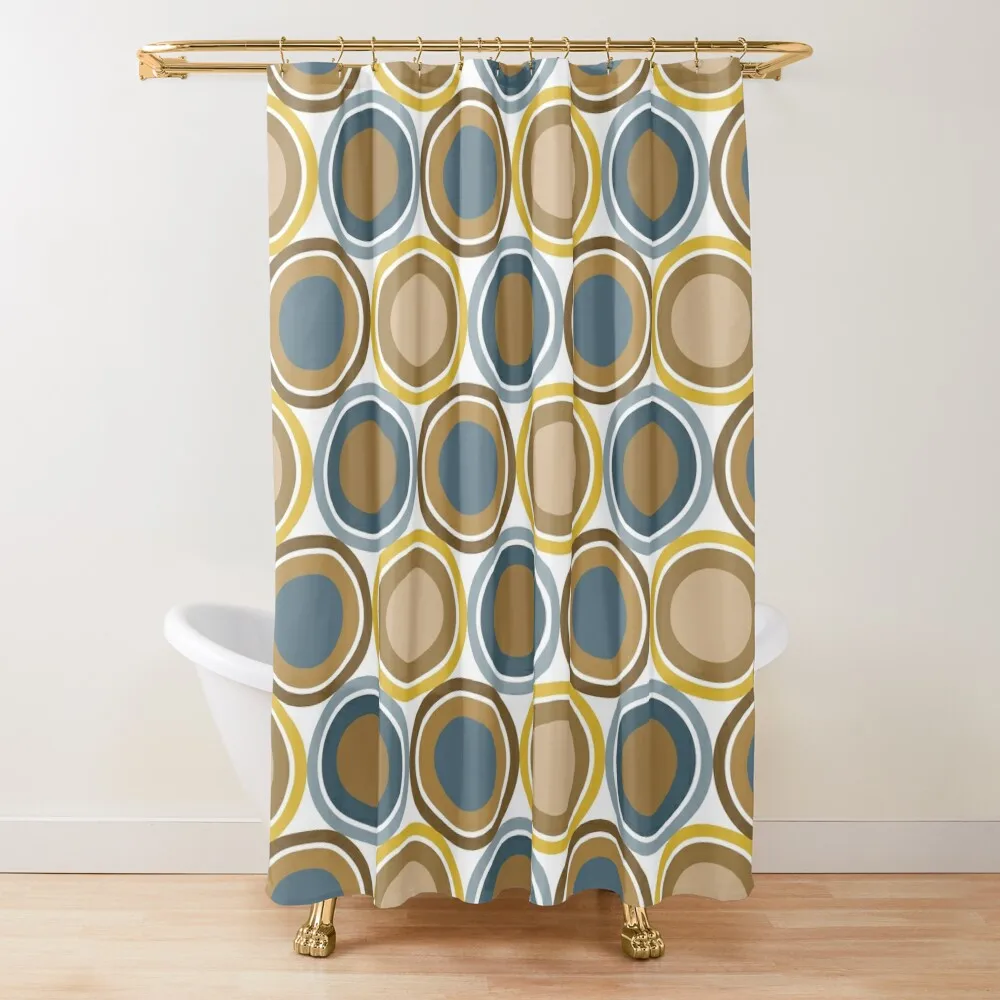 

Mid Century Circle Pattern - Coffee Brown, Latte, Denim Blue, Yellow Shower Curtain Cute Shower For The Bathroom Curtain
