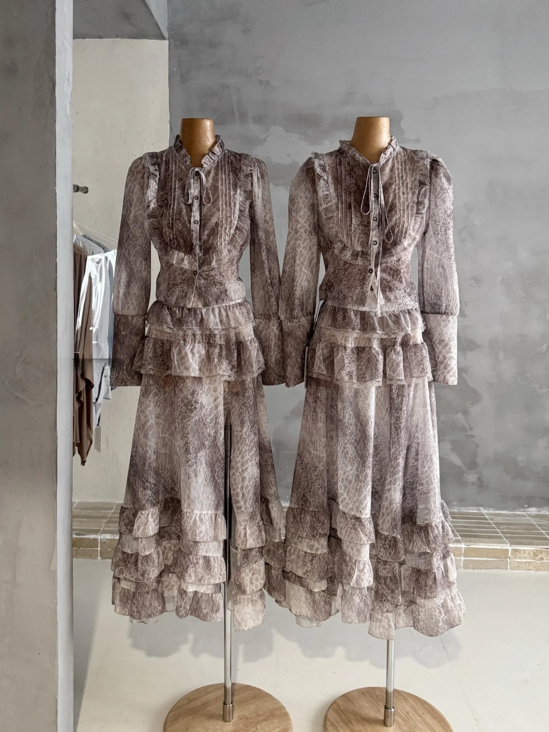 

13STDIO2026 Women's Holiday Style Shirt Skirt Set with Lace Trim Leopard Print Chiffon Long Sleeve Casual Fashion Spring Summer