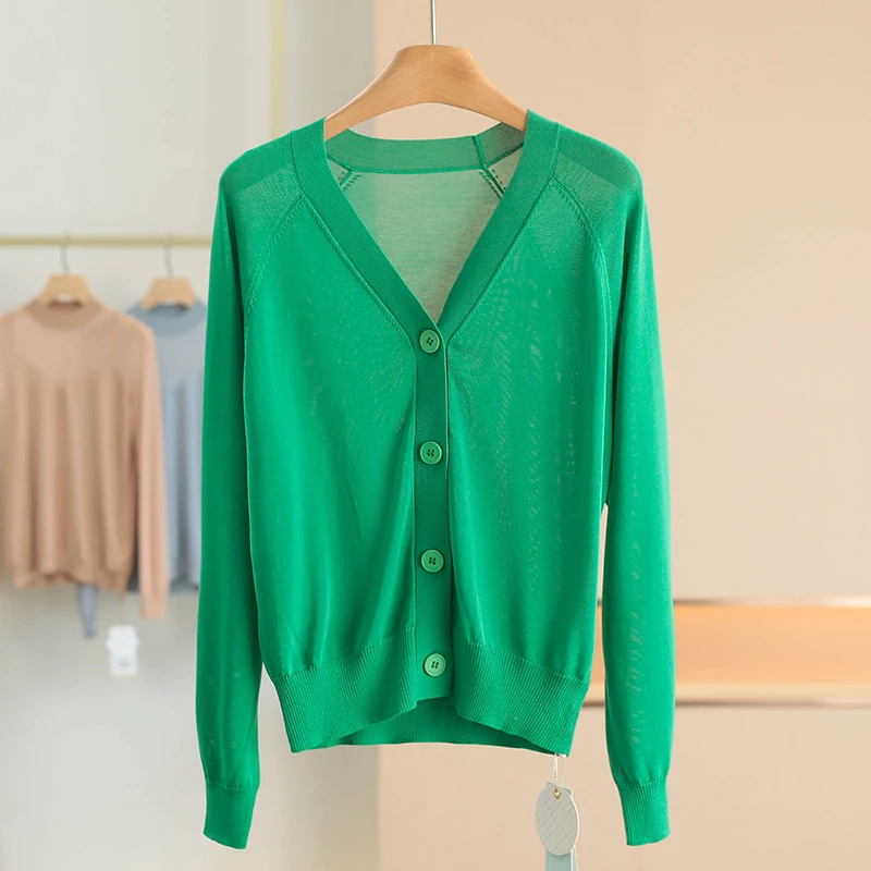 

Легкий и комфортный вязаный кардиган с V-образным вырезом из шелкового вискозного волокна, новинка лета 2025 года, женский, стандартный крой, с длинным рукавом
