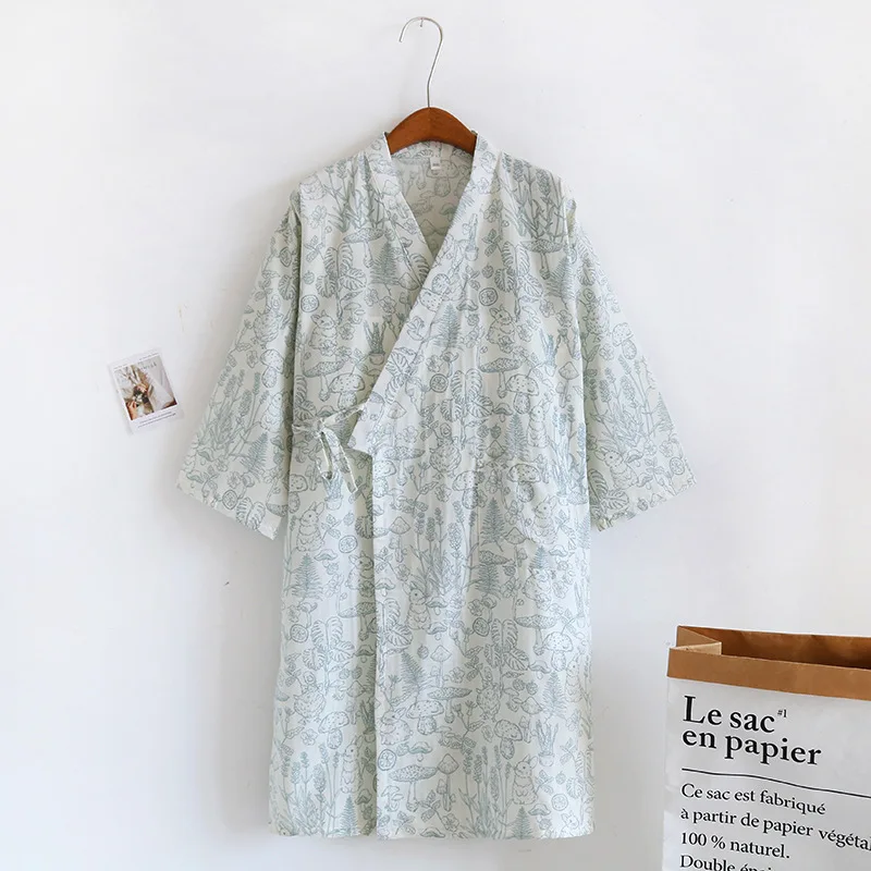 Summer Cotton Gauze Dressing Gown Japanese Kimono Robes Cute Quarter-sleeved Bathrobe Women V-neck Cartoon Print Night Gown