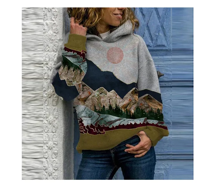 2024 women's tops autumn and winter hoodies women's loose natural scenery print 3d print fashion casual pullover hoodies