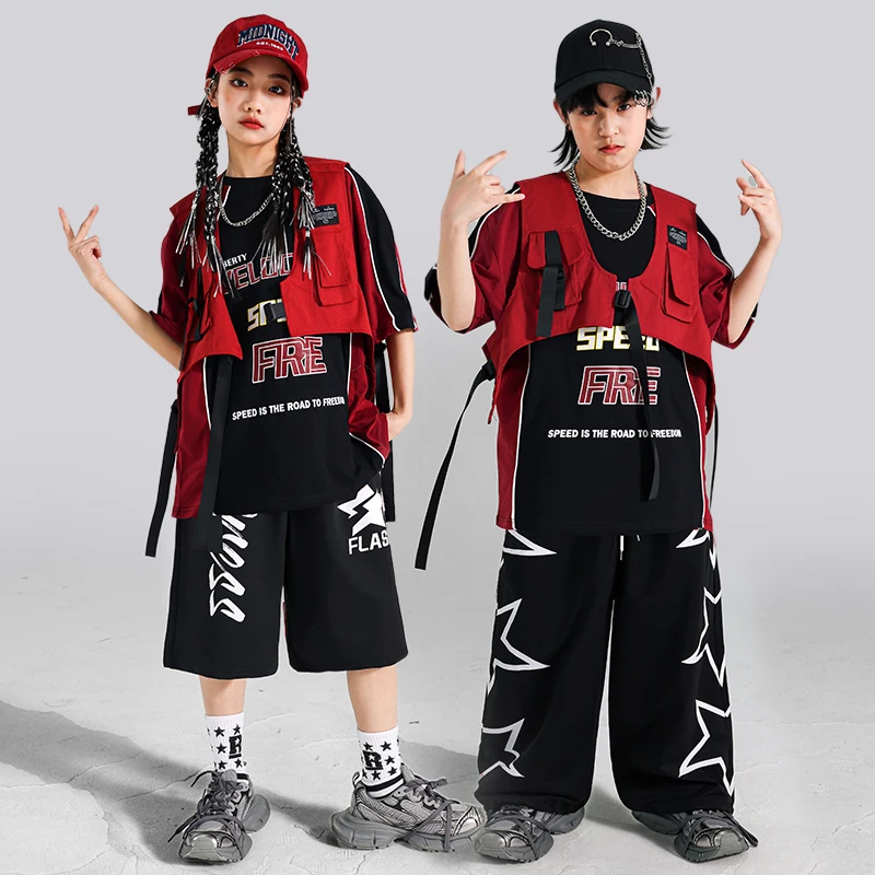 Jungen Hip Hop Lose T-shirt Rote Weste Cargo Hosen Street Dance Shorts Mädchen K-pop Jazz Kostüm Kind Kleidung Sets kinder Streetwear