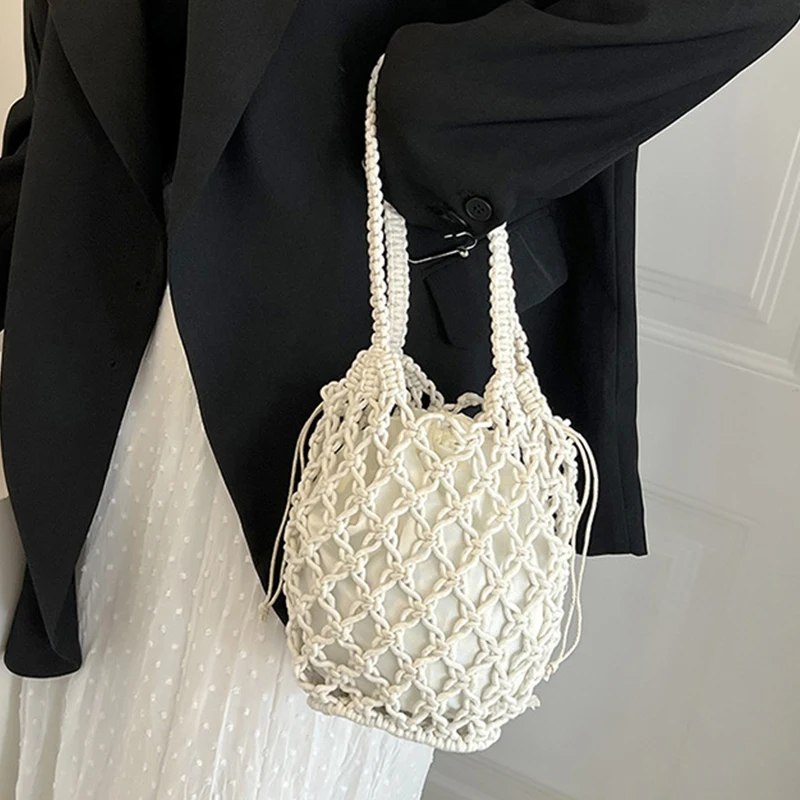Sommer Strand Tasche Für Frauen Mesh Seil Gestrickte Eimer Schulter Taschen Reticulate Hohl Reise Shopper Totes Damen Mode Handtasche – Detail 13