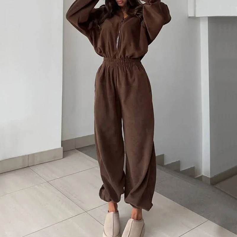

OMSJ Women's Jumpsuit Sportswear 2025 Solid Trendy Long Sleeve Zip-up Elastic Waisted Lapel One-piece Romper Overalls Streetwear