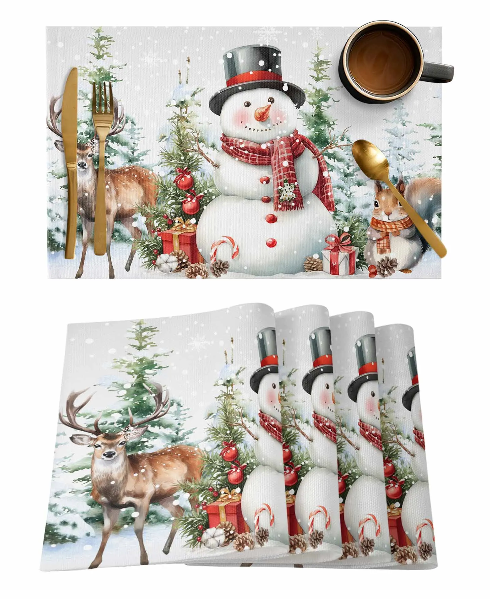 4PCS Christmas Snowman Berry Pine Christmas Tree Squirrel Placemats Linen Dining Table Mats Coaster Kitchen Home Decoration