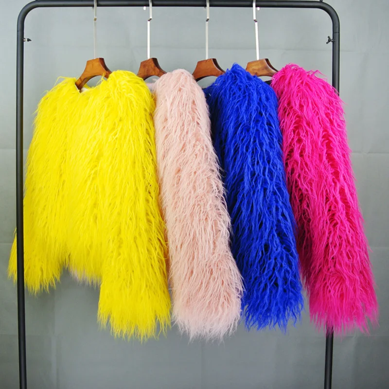 Faux Fur Coat Colorful Furry Pink Lamb Wool Faux Fur Coat Female Shaggy Sheepskin Coat Winter Artificial Mongolian Fur Jacket