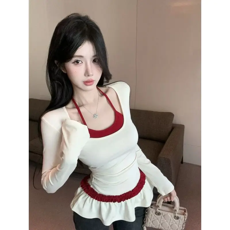 

Ballet Style Lace Fake Two-piece Long-sleeved T-shirt for Women in Autumn and Winter Pure Layered Neck Top Top Bottom Shirt