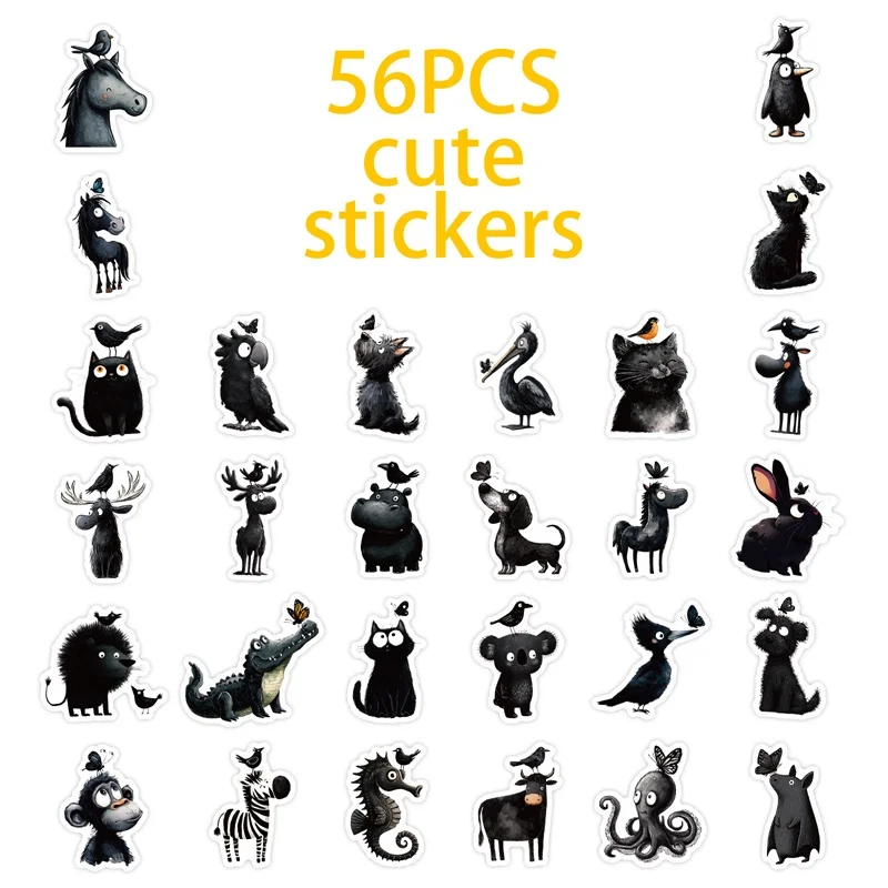 10/30/56PCS Cartoon Black Animal PVC Sticky Sticker Aesthetic Colored Children's DIY Decoration Scrapbooking School Supplies