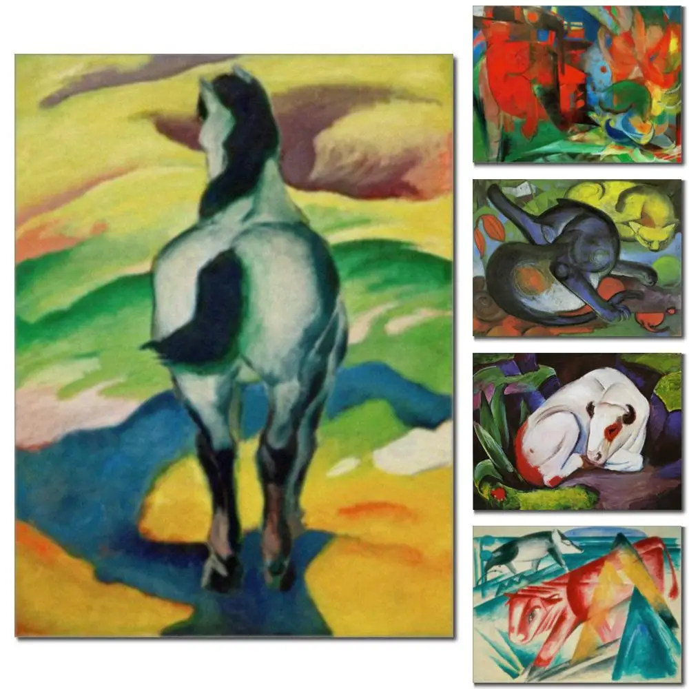 

Современная абстрактная картина на холсте ручной работы: Франц Марк, Две кошки, Лисы. Животное искусство для современного ресторана, офиса. Красочная.