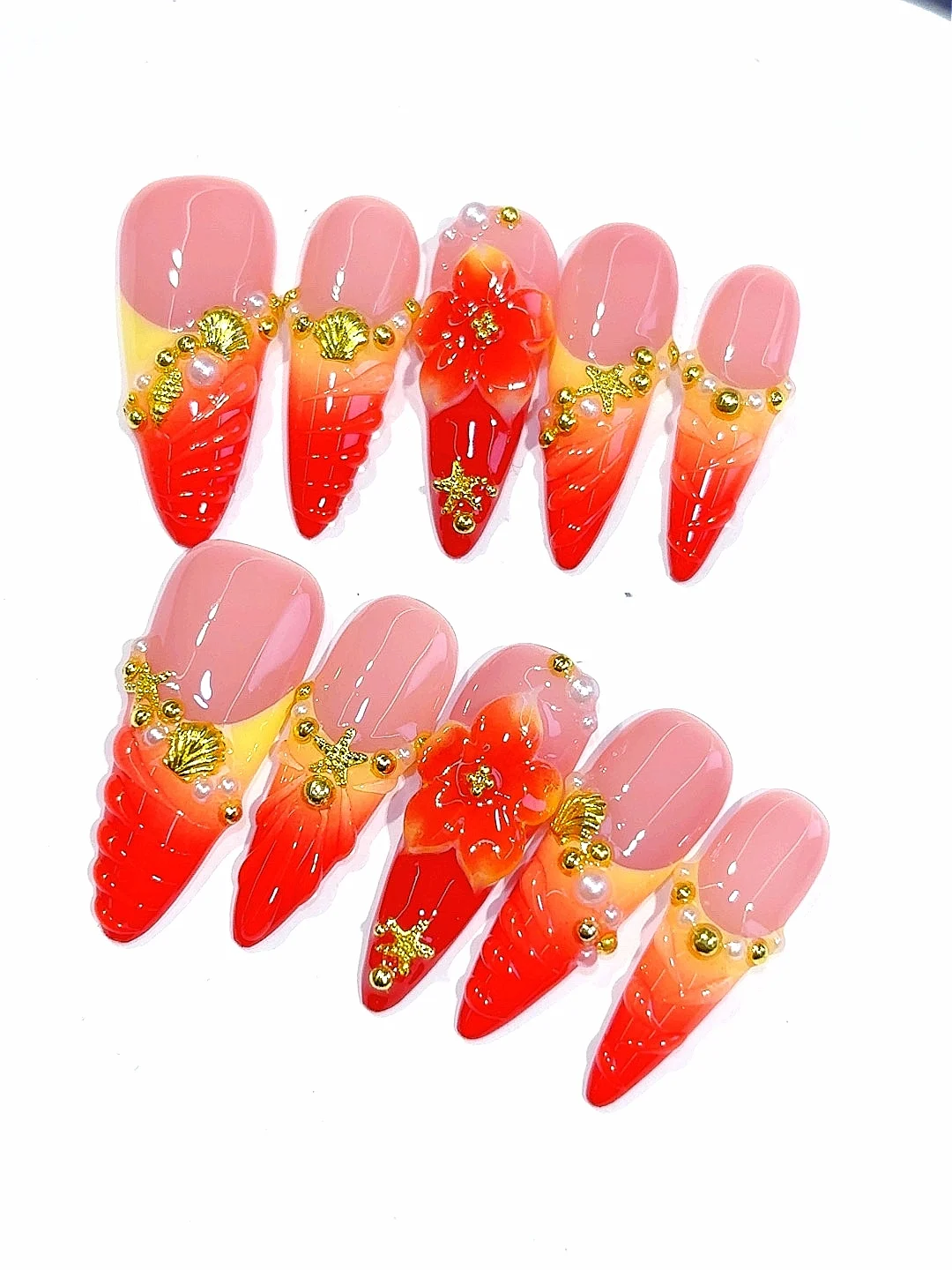 أحمر برتقالي أومبير ثلاثية الأبعاد زهرة نجم البحر شل الذهب لهجة اللوز الصحافة على الأظافر ، مجموعة الأظافر كاذبة اليدوية للنساء (D573)