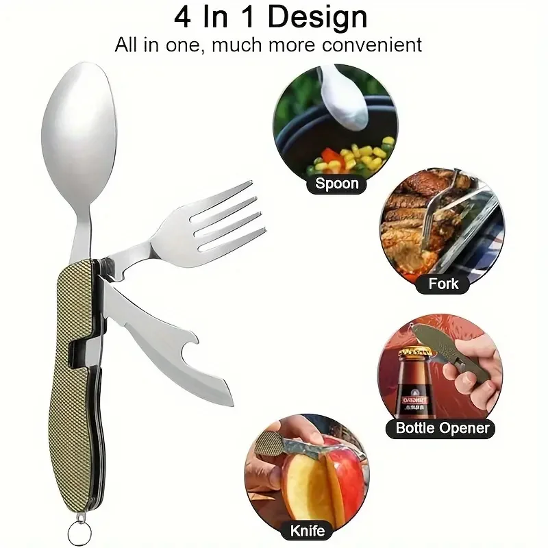 طقم أدوات مائدة محمول من الفولاذ المقاوم للصدأ ، متين وصغير الحجم ، ملعقة قابلة للطي ، شوكة ، سكين ، فتاحةزجاجات للمخمرة المثيرة ، 4 في 1