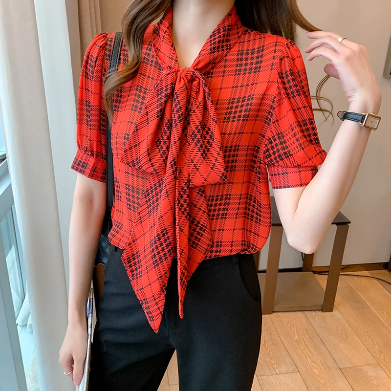 2024 Summer New Fashion Short Sleeve Top Red Plaid Shirt Women's Lace-up Chiffon Blouse