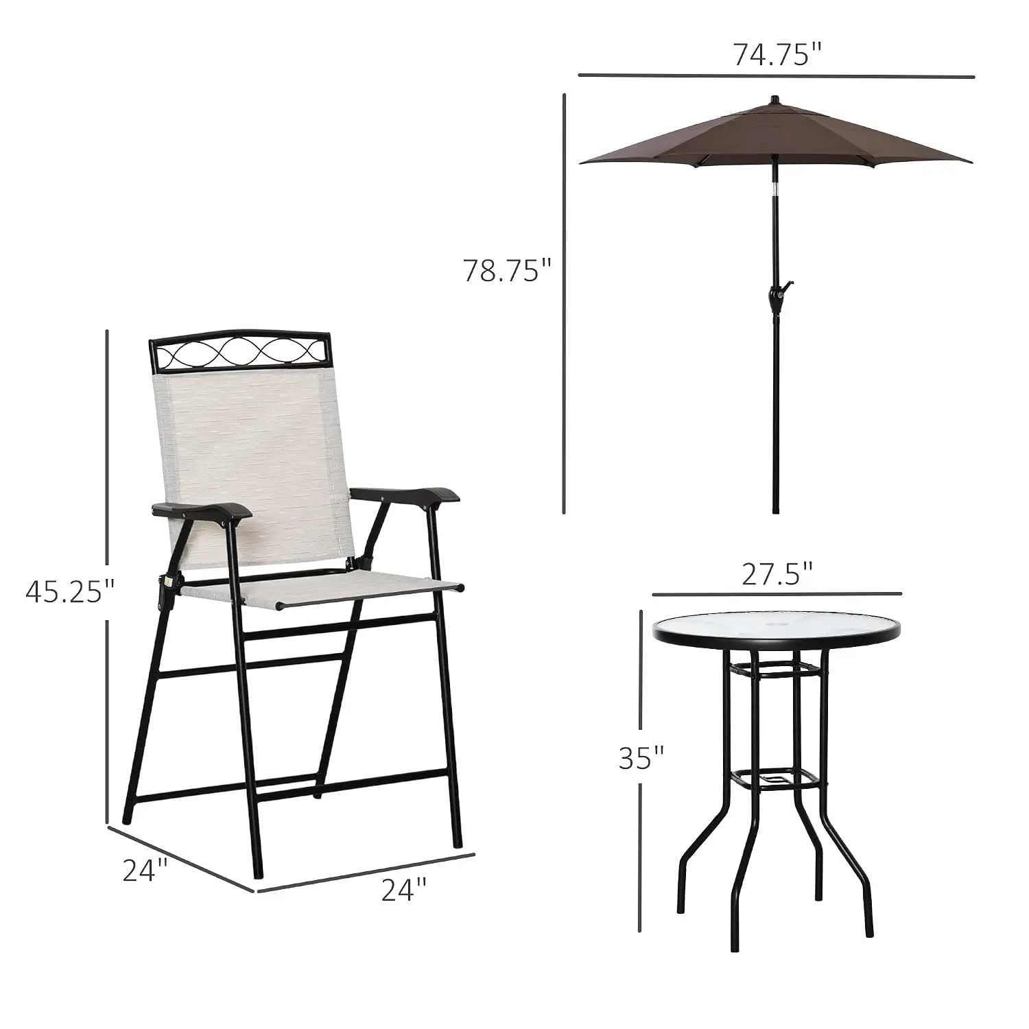 Outdoor Furniture Set 4 Folding Chairs Adjustable Umbrella Wave Glass Table Patio Poolside Garden Deck, Customized