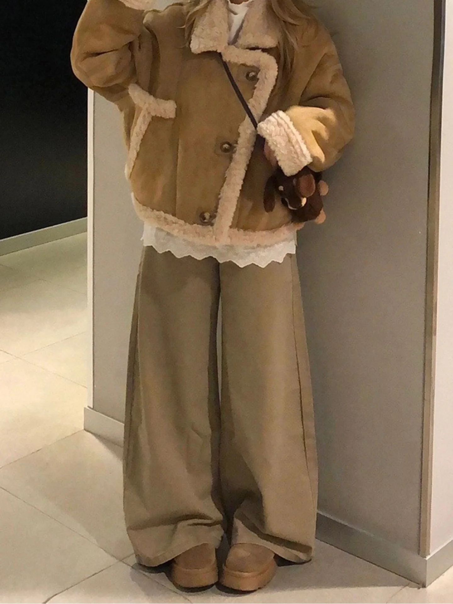 Khaki High Waist Fce Lined Floor Lengthing Women's Jeans Straight Leg American Sle Autumn Winter New Faion Street Long...