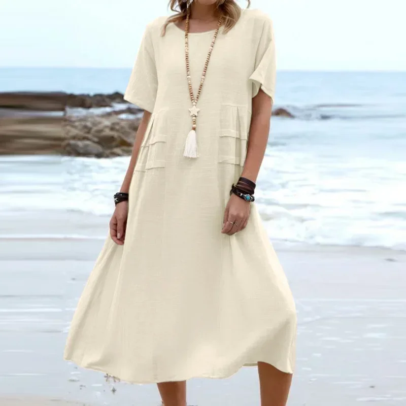 Women\'s Summer Cotton and Linen Dress Solid Color Short Sleeve Round Neck Pocket Casual Loose Dress Seaside Holiday Beach Skirt