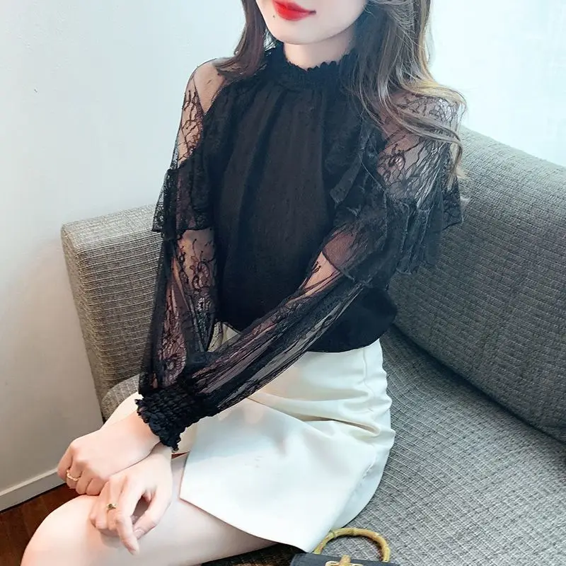 

Женские топы с прозрачной оборкой и цветочным принтом, корейская стильная элегантная роскошная красивая винтажная базовая милая женская рубашка и блузка в социальном стиле