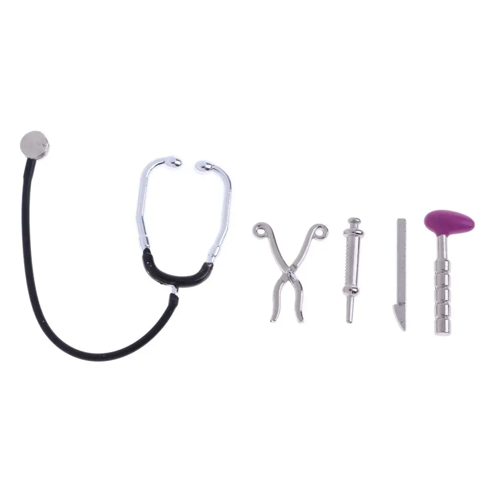 1/12 Dollhouse Miniature 5 Pieces Alloy Stethoscope Set Equipment Decoration for Kids Children Pretend Play Doctor Nurse Toys