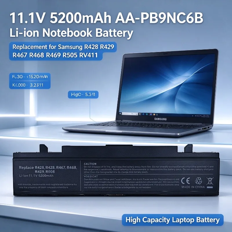 11.1V 5200mAh AA-PB9NC6B Li-ion Notebook Battery Replacement for Samsung R428 R429 R467 R468 R469 R505 RV411 Laptop Battery