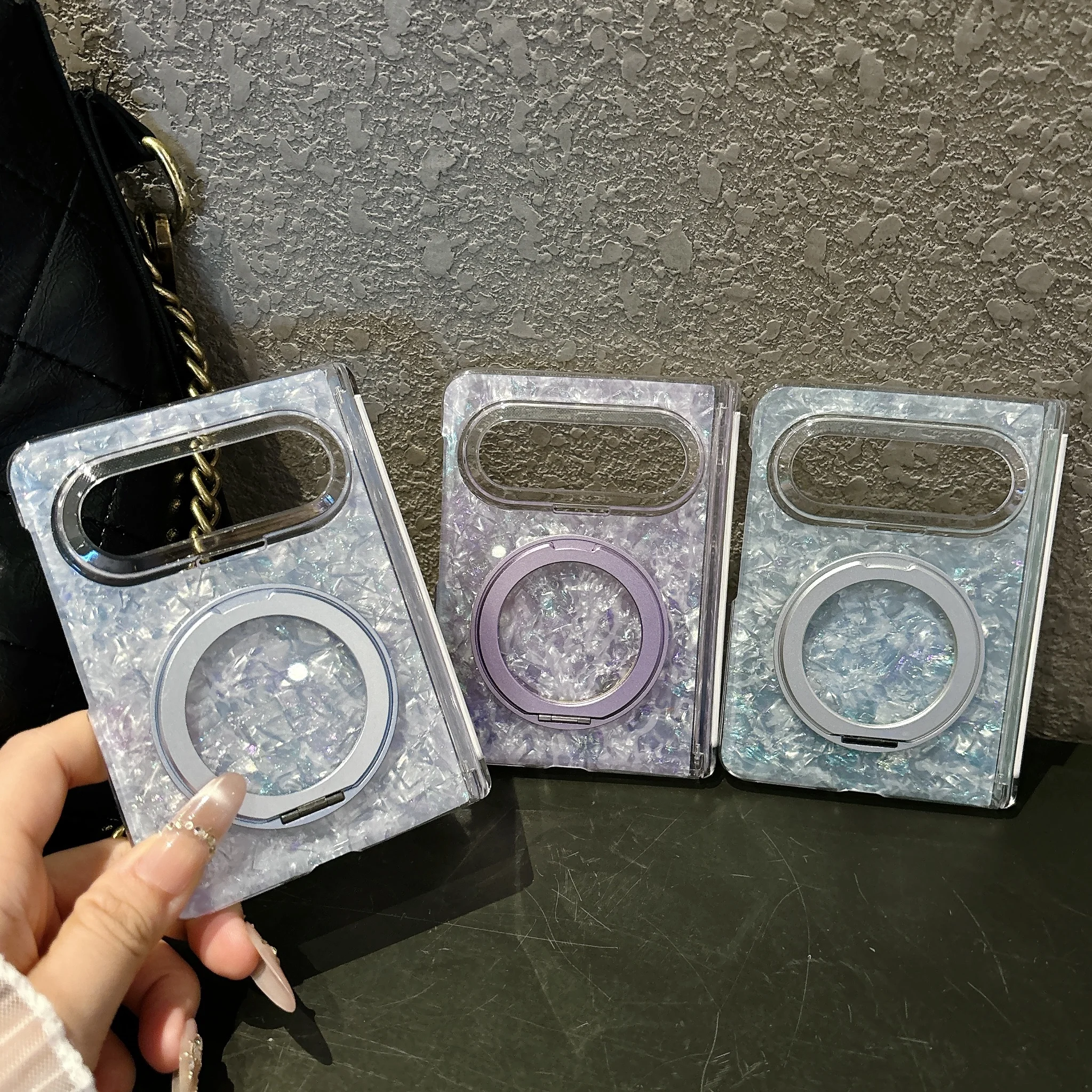 

Bling Glitter Transparent Shell Plastic For Magsafe Case For Huawei Pura X Max Magnetic Hinge Metal Ring Holder Armor Back Cover