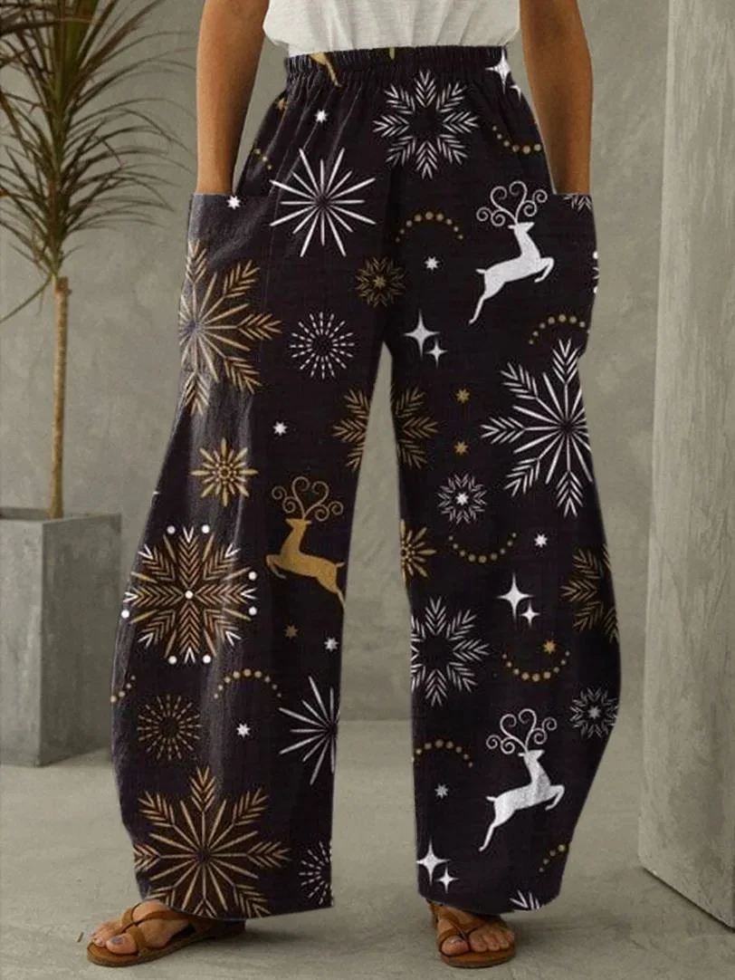 

Loose casual pants with 3D snowflake moose print, suitable for women, large vintage Bohemian wide leg pants, autumn and winter