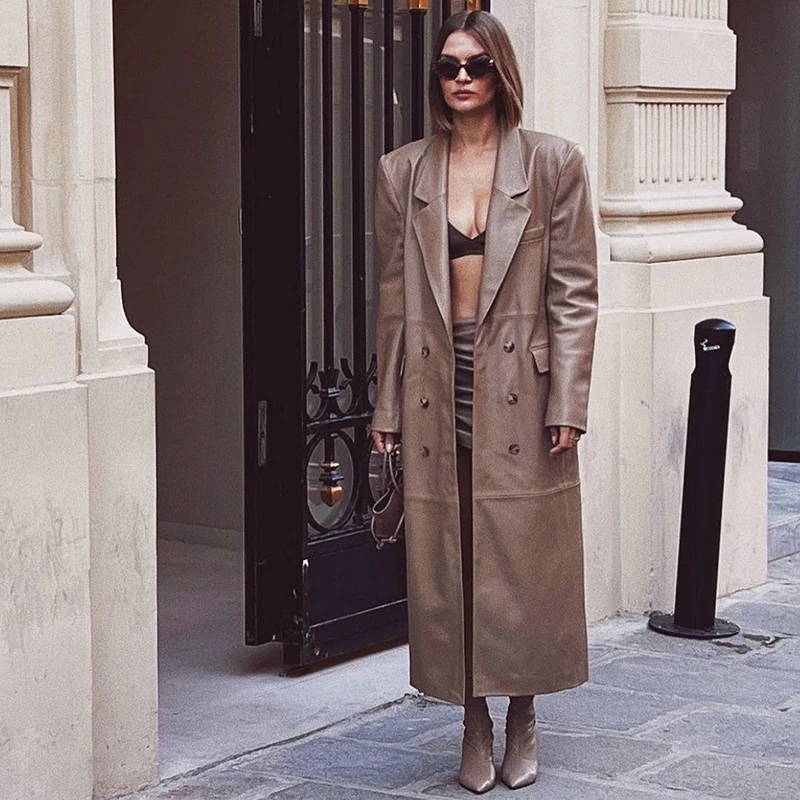 Elegant Vintage Long Women's Leather Jacket Double Row Buttons Eco-friendly PU Street Style Coat Street Fashion Autumn Wear
