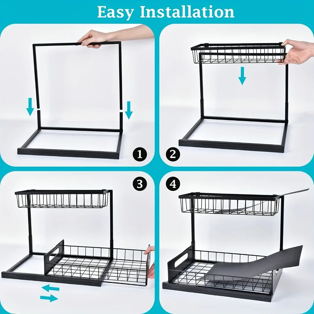 Under Sink Organizer 2 Tier Pull Out, Sliding Kitchen Cabinet Storage Rack for Spice Bathroom Under Sink Storage Shelf