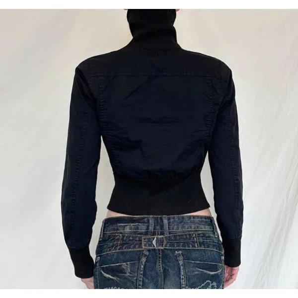 Streetwear Black Zip Up Jacket for Women New 2025 Winter Turtleneck Full Sleeve Cropped Jackets Y2k Vintage Ladies Outwear Coats