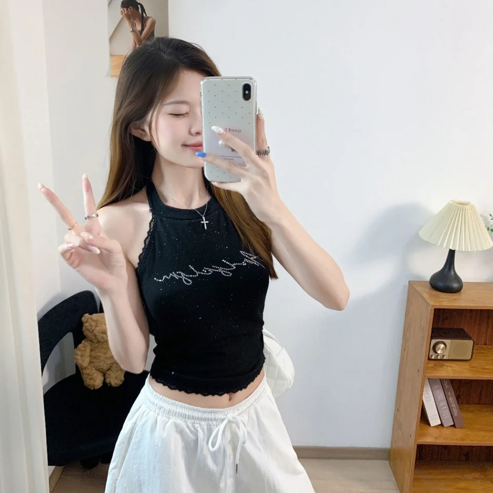 Summer New Style Hot Girl Diamond Letter Splice Neck Hanging Vest Women Slim Integrated Chest Pad Short Top Fashionable Nylon