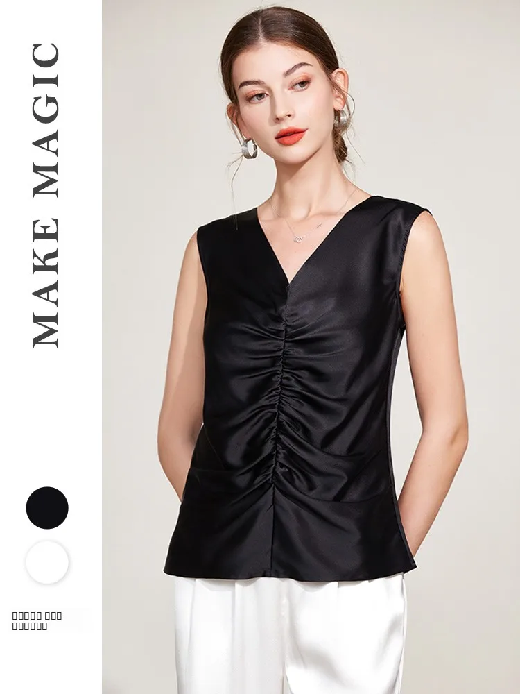 

Silk Satin Base irt Large V-ne Tu Design Svel Women's Faion Simple Sle Straight Cut Summer New Arrival