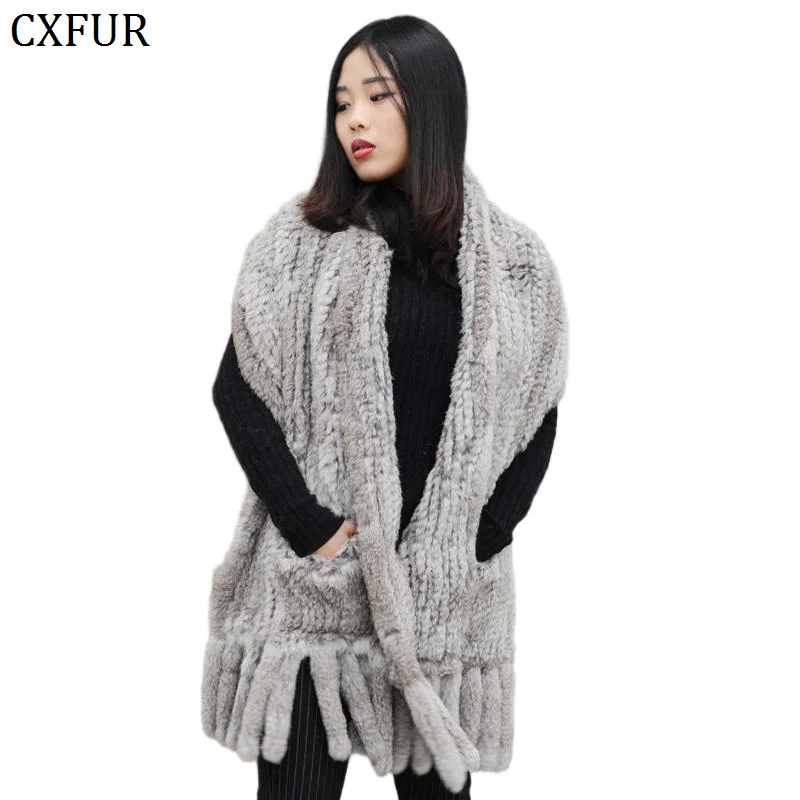 

Classic Women Knitted Real Rabbit Fur Shawl Scarf With Pocket and Tassel CX-B-01A