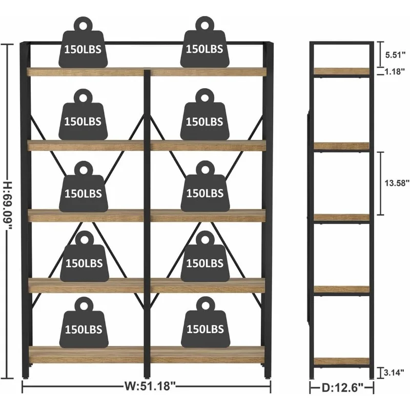 Bookshelf, Industrial 5 Tier, Rustic Wood Etagere Bookcase, Metal Tall Book Shelf with Large Open Shelving Unit