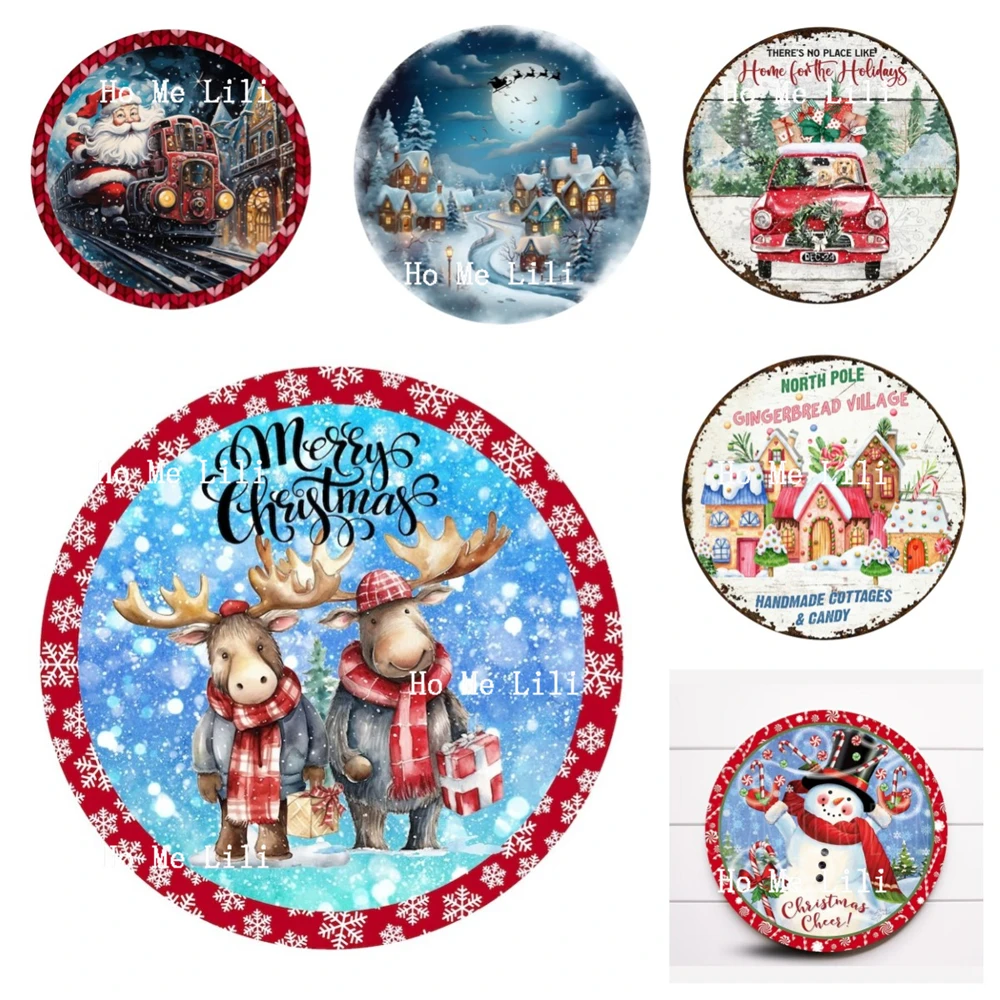 Santa Rides The Train Elk Couple Merry Christmas Winter Snowman Festive Cheer Round Metal Sign Wall Decoration