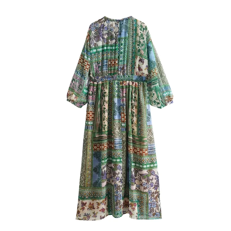 Spring Autumn Long Sleeved Printed Dresses For Women Vintage Patchwork Casual Long Skirts 2024 New Female Loose Commuting Frocks